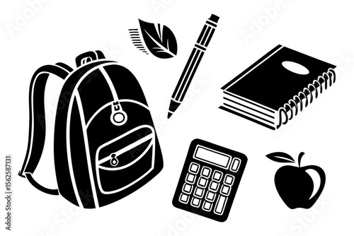 Back to School Essentials Black Silhouette Icons for Education and Learning