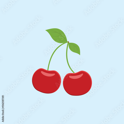 Illustration of two bright red cherries with green stems and fresh leaves, suitable for fruit, healthy food, freshness and nature-filled designs.
