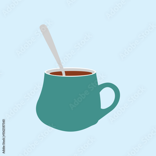 Illustration of a cup filled with hot chocolate drink with a spoon in it, suitable for coffee, tea, or casual atmosphere themes, using soft colors and a simple style.