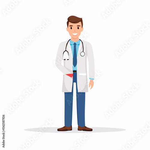 Smiling Male Doctor in White Coat, Vector Illustration