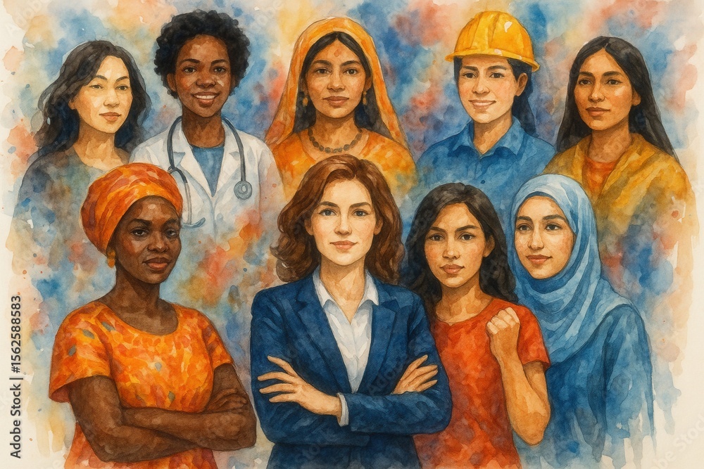 International Women's Day celebration artwork featuring diverse female leaders in vibrant watercolor portrait style International Women's Day celebration artwork featuring diverse female leaders in vibrant watercolor portrait style