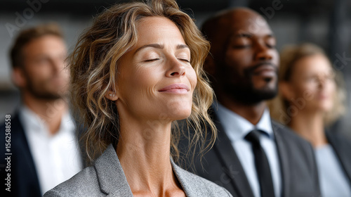 Diverse group enjoying relaxation exercise with closed eyes in office during corporate team training