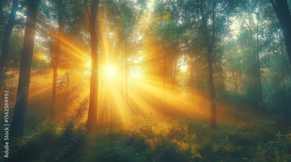 Fototapeta premium Golden sunbeams pierce misty forest