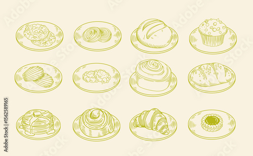Set of original illustrations of cafe or pastry food, cookies, breads, cinnamon rolls, croissants, a vintage ink line drawing of a snack or breakfast for cards, menus, cafes, baristas, tea houses or g