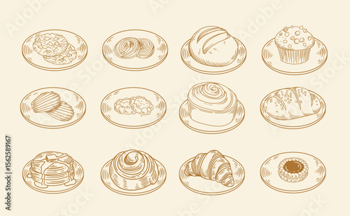 Set of original illustrations of cafe or pastry food, cookies, breads, cinnamon rolls, croissants, a vintage ink line drawing of a snack or breakfast for cards, menus, cafes, baristas, tea houses or g