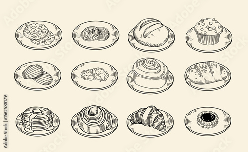 Set of original illustrations of cafe or pastry food, cookies, breads, cinnamon rolls, croissants, a vintage ink line drawing of a snack or breakfast for cards, menus, cafes, baristas, tea houses or g