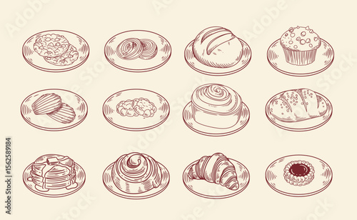 Set of original illustrations of cafe or pastry food, cookies, breads, cinnamon rolls, croissants, a vintage ink line drawing of a snack or breakfast for cards, menus, cafes, baristas, tea houses or g