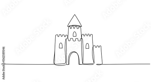 Single line drawing of a sandcastle on a beach