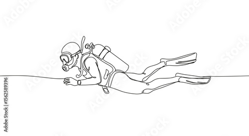 Diver exploring underwater in a continuous line drawing