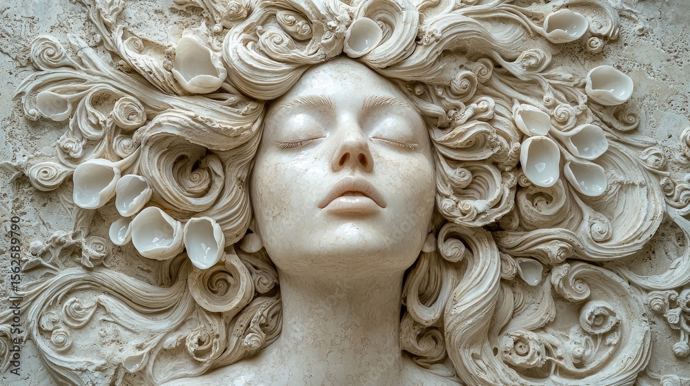 Ornate sculpture of a woman's head with intricate details. Ornate sculpture of a woman's head with intricate details.