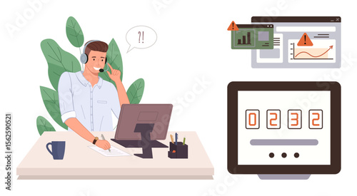 Customer service agent wearing a headset interacts with an alert situation. Digital error displays, analytics dashboards, and troubleshooting tools. Ideal for communication, support, technology