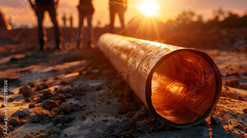 Construction site at sunset features large pipe in foreground, with silhouettes of workers in background, creating sense of teamwork and progress