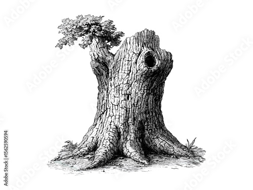 Vintage Chestnut Tree Trunk Sketch, botanical engraving, rustic woodland decor, black ink drawing, eco-friendly nature art, hand-drawn bark texture, retro forest tree print