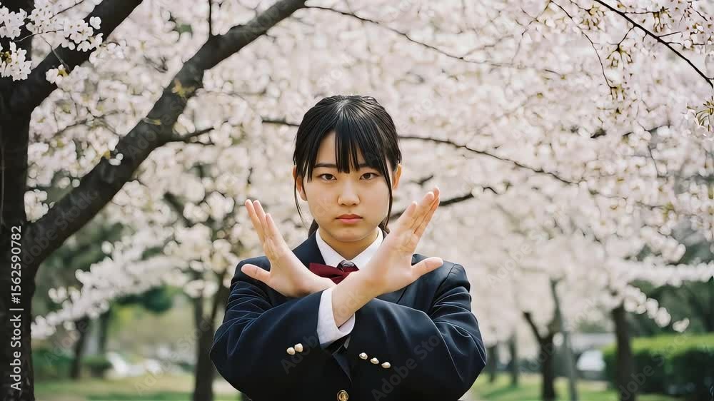 桜の背景。ばつ印と、まる印をする日本人の女子高生日本人の女子高生）