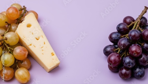 Assorted Grapes and Slice of Cheese on Soft Purple Background Perfect for Snacks and Appetizers
