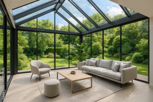 Modern glass conservatory extension seamlessly blending indoor and outdoor living spaces with panoramic garden views