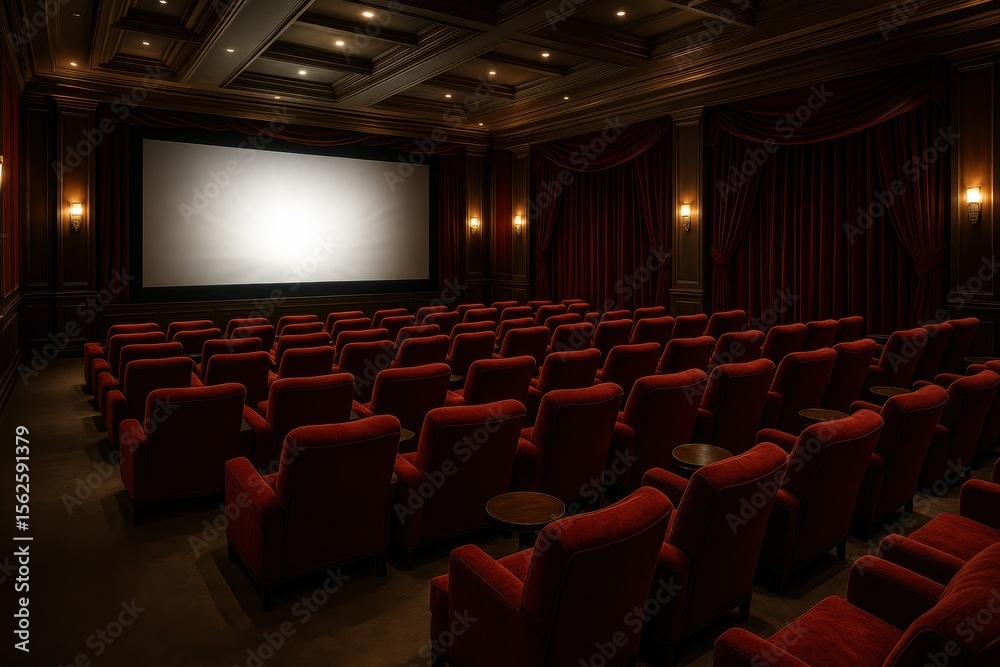 Obraz premium Premium movie theater experience with velvet red seats and dramatic screen lighting for cinematic entertainment