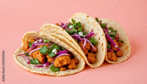 Three Tacos Filled with Spicy Chicken, Fresh Herbs, and Purple Onion Slices on a Pink Background