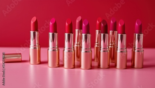 Variety of Vibrant Lipsticks Arranged in a Stylish Row Against a Bold Pink Background