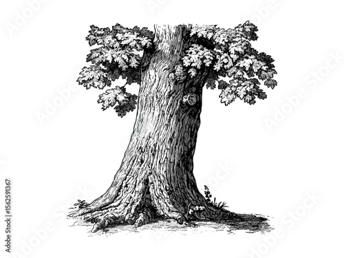 Rustic Chestnut Tree Engraving, vintage trunk sketch, botanical bark art, nature-inspired print, forest wood decor, eco-friendly illustration, old style woodland drawing