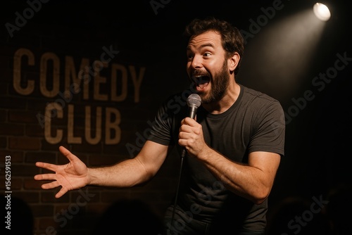 Professional stand-up comedian performing on stage with spotlight illuminating expressive gestures