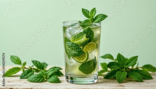 Refreshing Mojito Cocktail with Mint and Lime Served Over Ice on a Light Green Background