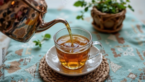 Tea Being Poured into a Beautiful Glass Cup on a Cozy Table with Fresh Herbs in a Sunlit Kitchen