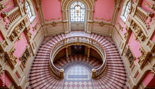 Ornate Spiral Staircase with Pink Walls and Elegant Details in Historical Building Interior