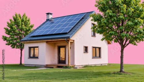 Modern Residential House with Solar Panels Surrounded by Green Grass and Trees on Pink Background