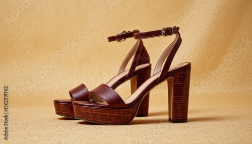 Elegant Brown Platform High Heel Sandals with Ankle Strap on Textured Beige Background