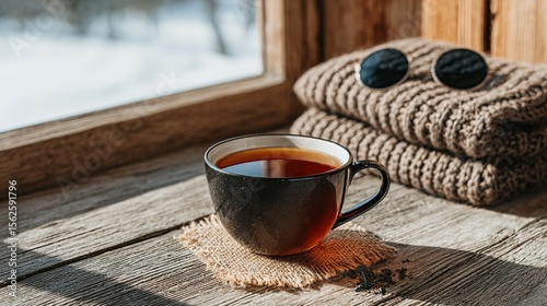 Dark teacup on a windowsill, surrounded by a warm knitted garment and sunglasses.