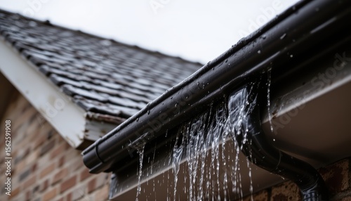 Water Dripping from Gutter of a House Roof Under a Cloudy Sky on a Rainy Day