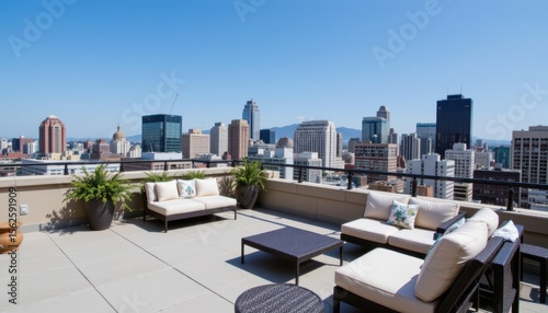 City Rooftop Terrace with Stylish Outdoor Furniture and Panoramic Skyline View on a Sunny Day