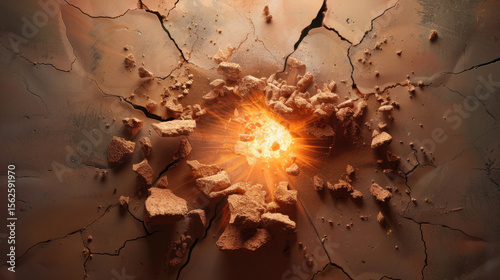 Light particles exploding from cracked surface create dramatic scene of destruction and energy, showcasing power of nature