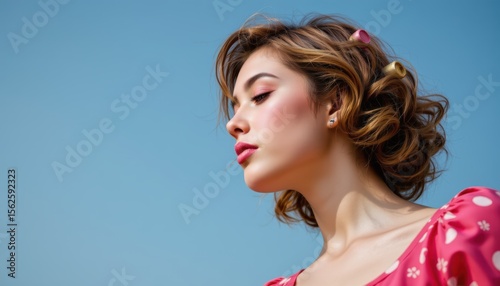 Profile Portrait of a Young Woman in Pink Dress Against a Clear Blue Sky Outdoors