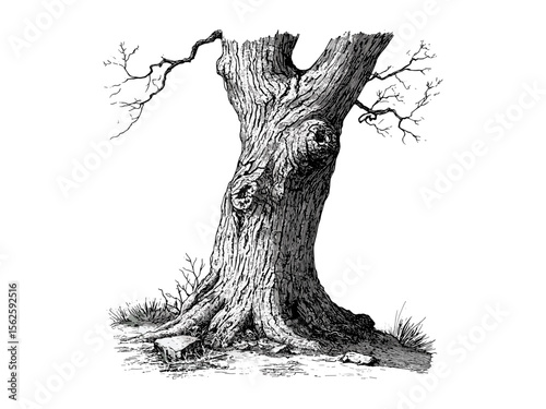 Elm Tree Trunk vintage engraving, botanical sketch, rustic nature decor, elm bark detail, eco-conscious art print, woodland theme, retro black illustration, old engraving style, natural texture
