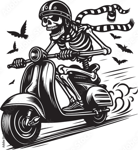 skeleton riding scooter wearing helmet, suitable for t-shirt graphic design, scooter event, logo and others.