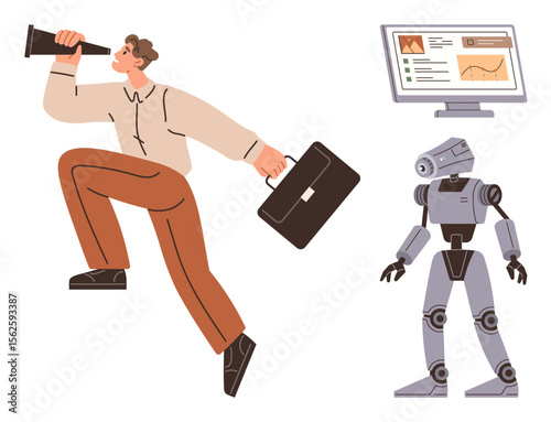 Man with telescope and briefcase stepping forward, robot standing near computer screen with analytics. Ideal for innovation, business strategy, career growth, AI, data analysis, technology, digital
