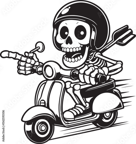 skeleton riding scooter wearing helmet, suitable for t-shirt graphic design, scooter event, logo and others.