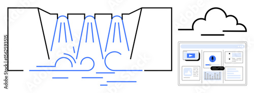 Hydropower dam releasing water, symbolizing renewable energy. Digital dashboard displays performance data and analytics. Ideal for sustainability, technology, green energy, innovation, cloud