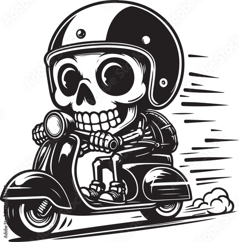 skeleton riding scooter wearing helmet, suitable for t-shirt graphic design, scooter event, logo and others.