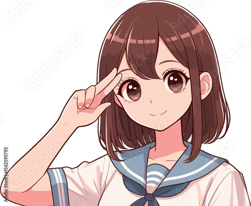 2本の指で敬礼をする女子高生のイラスト