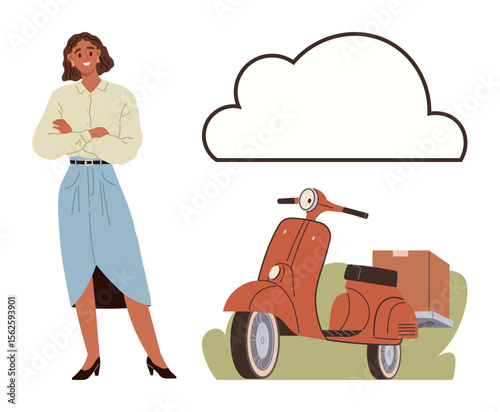 Woman in casual attire stands beside scooter carrying a package. Blank cloud frame adds space for ideas or messages. Ideal for delivery, business, travel, logistics, creativity, messaging