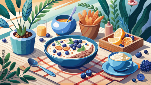 A boho-inspired breakfast table features a bowl of granola with Greek yogurt and blueberries, a ceramic spoon resting gently, with plants and soft cushions adding warmth to the space.