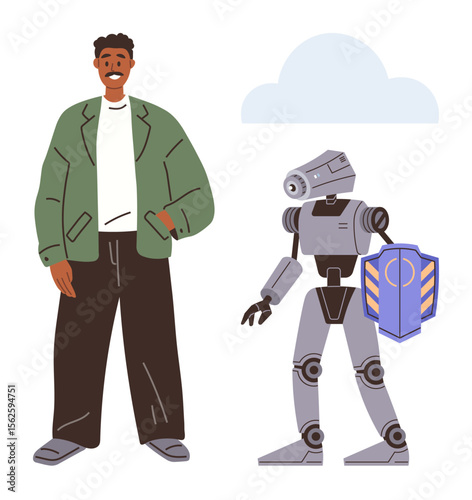 Man in casual attire standing beside a robot holding a shield, symbolizing human-machine connection, security, or future tech partnerships. Ideal for technology, collaboration, innovation, AI