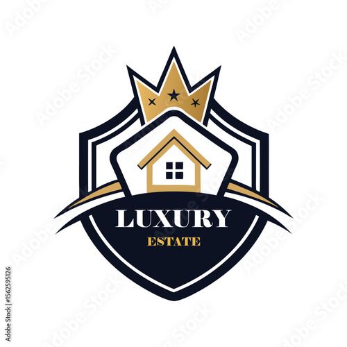 Luxury Real Estate Crest Logo with Crown, Elegant Home Silhouette, Premium Royal Property Emblem, Gold Vintage Heraldic House Badge.