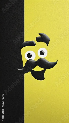 Characterful Portrait: A bold, playful illustration features a friendly cartoon face. Its expressive eyes and stylish mustache stand out against a vibrant backdrop.