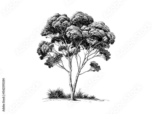 Hand-drawn vintage engraving, eucalyptus gum tree, botanical sketch, floral print, woodland decor, retro art, black line drawing, old engraving style, nature tree illustration, forest flora