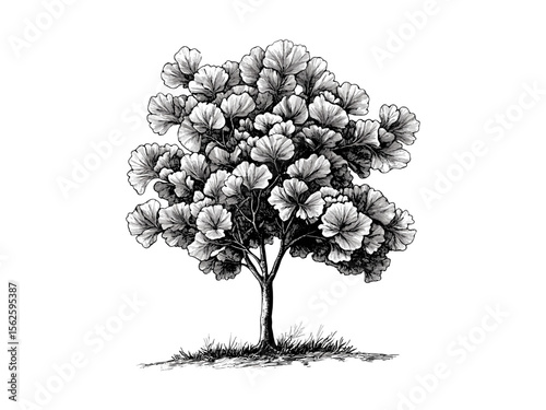 Gingko Tree botanical engraving, vintage hand-drawn sketch, eco-friendly nature leaves, retro tree art, woodland illustration, black old engraving style, natural decor, antique style print