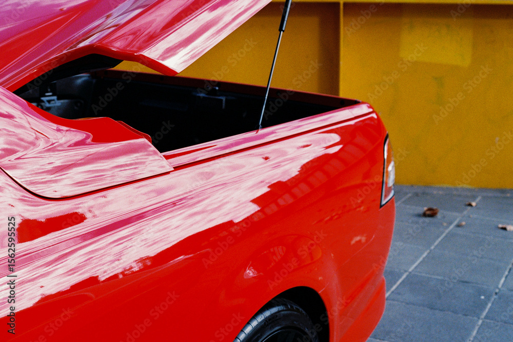 Red Car with Open Trunk Highlighting Vehicle Design Red Car with Open Trunk Highlighting Vehicle Design